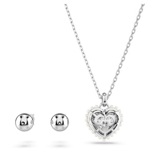 Swarovski Idllyia Necklace and Earring Set, Clear Heart-Shaped Crystal Pendant and Round Crystal Studs in a Rhodium-Finished Setting, Part of The Idyllia Collection