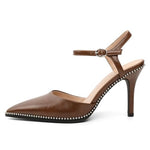 Load image into Gallery viewer, YODEKS Ankle Strap Pumps for Women Closed Pointed Toe Stilettos High Heels Sling Back Heels Leather Beaded Shoes 3.5 Inch for Work Casual Party Brown Size 8
