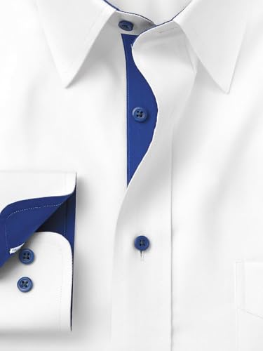 Paul Fredrick Men's Classic Fit Comfort Stretch Non-Iron Solid Dress Shirt White/Cobalt 15" Neck 32" Sleeve