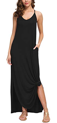 GRECERELLE Women's Summer Casual Loose Dress Beach Cover Up Long Cami Maxi Dress with Pocket Black-Large