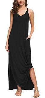 Load image into Gallery viewer, GRECERELLE Women&#39;s Summer Casual Loose Dress Beach Cover Up Long Cami Maxi Dress with Pocket Black-Large
