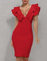 Load image into Gallery viewer, UONBOX Women's Ruffle Short Sleeve Plunge V Neck Bodycon Dress Back Split Bandage Party Club Dress Red L
