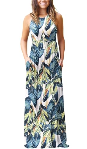 GRECERELLE Women's Summer Sleeveless Casual Maxi Dresses Loose Vacation Long Dress with Pockets, Floral White Monotherapy, Large
