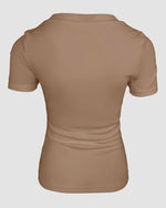 Load image into Gallery viewer, CHICME Women Built-in Bra T Shirt Top Short Sleeve Square Neck Basic Khaki Tees Casual Ribbed Knit Fitted Workout Going Out Tops-M
