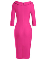 Load image into Gallery viewer, MUXXN Women's Classy Elegant 50s Midi 3/4 Sleeve Pencil V Neck Bodycon Fitted Casual Basic Wedding Guest Dress Hot Pink M
