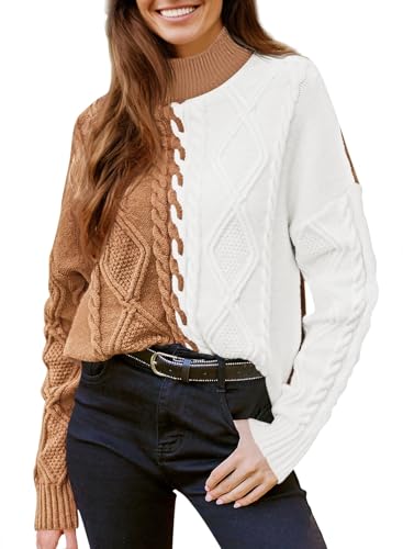 Pink Queen Women Winter Top Long Sleeve Knit Chunky Sweater Color Block Trendy Going Out Jumper Camel XL
