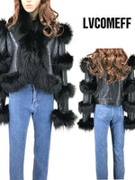 Load image into Gallery viewer, LVCOMEFF Women Sheep Leather Cropped Jacket Bolero Top Coat Motorcycle Jacket With Fox Fur Layer Long Sleeve Python Pattern (US, Alpha, X-Small, Regular, Regular, Black)
