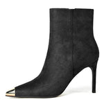 Load image into Gallery viewer, XINIUNIU Black Boots for Women Ankle Booties Kitten Stiletto Heels Metal Pointed Toe Suede Side Zipper 3.5 Inch Dressy Short Boot Size 8
