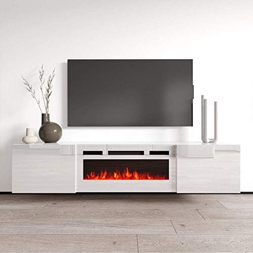 Meble Furniture Cali WH-EF TV Stand with Floating Fireplace - Modern High Gloss TV Stand with Storage Cabinets - Wall Mounted Media Entertainment Center Console Stand for TVs up to 80" - White