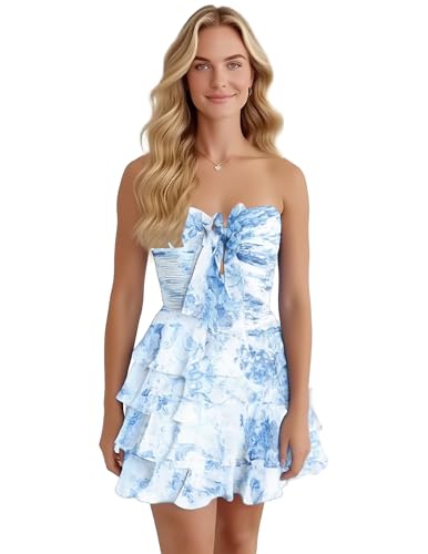 RATALA Strapless Floral Print Homecoming Dresses Short Tiered Ruffle Formal Party Gowns with Bow Sky Blue Size 2