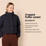 Load image into Gallery viewer, Amazon Essentials Women's Cropped Full-Zip Puffer Jacket (Quilted Matte or Sherpa Fleece), Black, Medium
