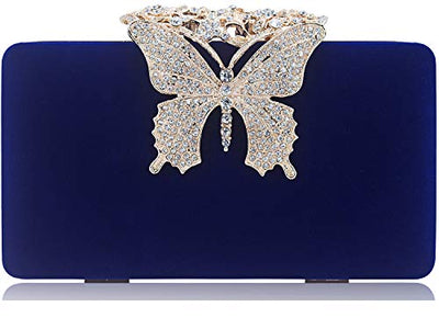 Dexmay Unique Velvet Clutch with Rhinestone Crystal Butterfly Clasp Women Evening Bag for Formal Party Blue