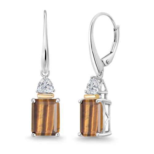 Gem Stone King 925 Silver and 10K Yellow Gold Brown Tiger Eye and Lab Grown Diamond Dangle Earrings for Women | 4.44 Cttw | Gemstone Birthstone | Emerald Cut 9X7MM