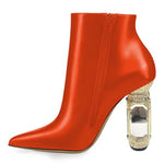 Load image into Gallery viewer, FSJ Women Chic Pointed Toe Crystal Chunky Block High Heel Ankle Boots Glossy Side Zipper Casual Daily Fashion Ladies Shoes Size 7 Orange
