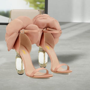 FSJ Women Flower Crystal Chunky Block High Heel Ankle Strap Sandals Open Toe Fashion Dress Evening Party Shoes Size 8 Nude