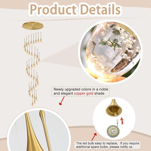 ykolupty H150 Spiral Chandelier Lighting Modern Gold Chandelier Light Fixture for Foyer Hallway Crystal Chandeliers for High Ceilings Suitable for Sloping Ceiling 2700-6000k Dimmable