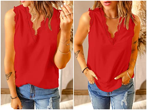 lime flare Women Sexy Summer Lace Trim Satin Cami Tank Tops Dressy Silk Lacy Camisole Shirt (Red Eyelash Lace,M)