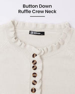 Load image into Gallery viewer, BTFBM Womens Sweaters Fall Winter Clothes 2025 Long Sleeve Button Down Ruffle Crew Neck Casual Knitted Pullover Tops(Solid White, Small)
