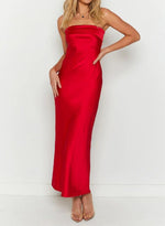 Load image into Gallery viewer, MEROKEETY Women 2025 Summer Strapless Satin Tube Bodycon Backless Wedding Guest Maxi Dress, Red, M
