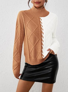 Pink Queen Women Winter Top Long Sleeve Knit Chunky Sweater Color Block Trendy Going Out Jumper Camel XL