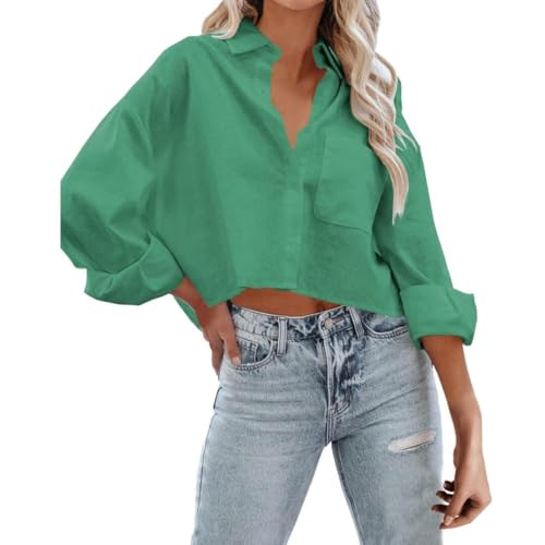 Women's Button Down Cropped Shirts Long Sleeve Casual Crop Tops Loose Fit Cotton Lapel Blouse Green