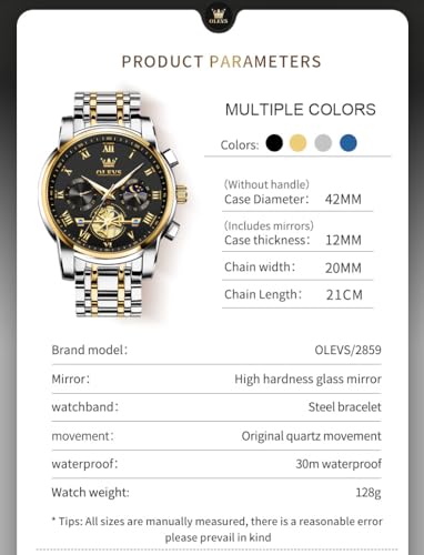OLEVS Black Watches for Men Luxury Fashion Gold and Silver Stainless Steel Men's Wrist Watches Classic Nice Big Face Waterproof Quartz Men Watch with Day Two Tone Moon Phase Relojes para Hombres