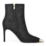 Load image into Gallery viewer, XINIUNIU Black Boots for Women Ankle Booties Kitten Stiletto Heels Metal Pointed Toe Suede Side Zipper 3.5 Inch Dressy Short Boot Size 8
