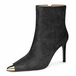 Load image into Gallery viewer, XINIUNIU Black Boots for Women Ankle Booties Kitten Stiletto Heels Metal Pointed Toe Suede Side Zipper 3.5 Inch Dressy Short Boot Size 8
