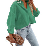 Load image into Gallery viewer, Women&#39;s Button Down Cropped Shirts Long Sleeve Casual Crop Tops Loose Fit Cotton Lapel Blouse Green
