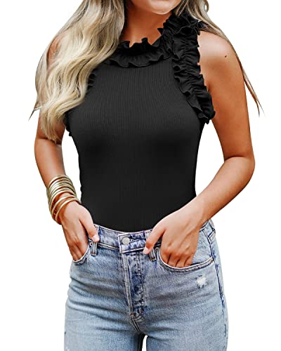 WAYMAKER Womens Sexy Sleeveless Turtleneck Ruffle Summer Casual Ribbed Tank Tops Bodysuits for Going Out Black Medium