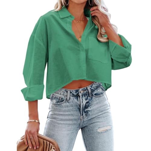Women's Button Down Cropped Shirts Long Sleeve Casual Crop Tops Loose Fit Cotton Lapel Blouse Green