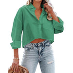 Load image into Gallery viewer, Women&#39;s Button Down Cropped Shirts Long Sleeve Casual Crop Tops Loose Fit Cotton Lapel Blouse Green
