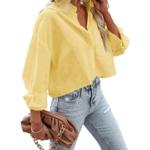 Women's Button Down Cropped Shirts Long Sleeve Casual Crop Tops Loose Fit Cotton Lapel Blouse Yellow