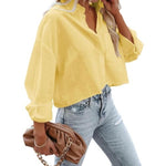 Load image into Gallery viewer, Women&#39;s Button Down Cropped Shirts Long Sleeve Casual Crop Tops Loose Fit Cotton Lapel Blouse Yellow

