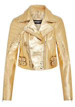 Load image into Gallery viewer, Ladies Cropped Short Body Gothic Top Gold Chic Biker Real Leather Jacket
