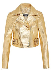 Ladies Cropped Short Body Gothic Top Gold Chic Biker Real Leather Jacket