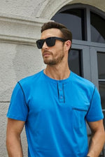 Load image into Gallery viewer, Men&#39;s Fashion Henley Shirt Classic Short/Long Sleeve Lightweight Button Cotton T-Shirt Casual Top Blue
