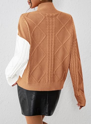Pink Queen Women Winter Top Long Sleeve Knit Chunky Sweater Color Block Trendy Going Out Jumper Camel XL