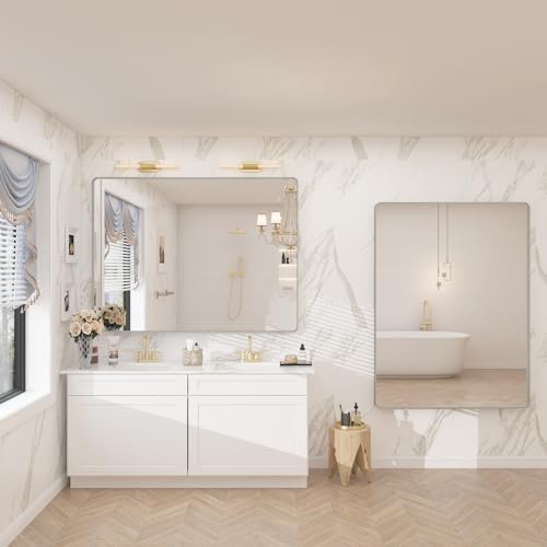 CHARMOR 48x36 Silver Bathroom Mirror, Brushed Silver Framed Bathroom Vanity Mirror, Modern Rectangle Mirror, Rounded Corners, Shatterprood, Anti-Rust (Horizontal/Vertical)