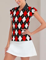 Load image into Gallery viewer, Ladies Argyle Golf Shirts Printed Petal Sleeve Polo Shirts Womens Golf Apparel
