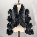 Load image into Gallery viewer, LVCOMEFF Women Sheep Leather Cropped Jacket Bolero Top Coat Motorcycle Jacket With Fox Fur Layer Long Sleeve Python Pattern (US, Alpha, X-Small, Regular, Regular, Black)
