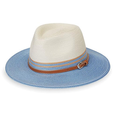 Wallaroo Hat Company Women’s Petite Kristy Fedora – UPF 50+ Sun Protection, Wide Brim, Packable Design, Adjustable Sizing for Smaller Crown Sizes – Sun-Safe Hat for Travel and Everyday (Ivory/Blue)