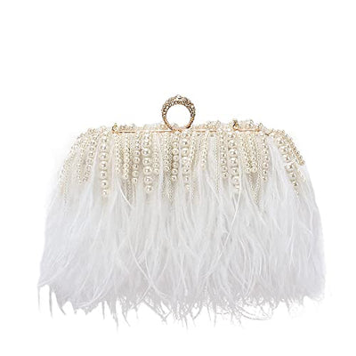 Women Real Natural Ostrich Feather Evening Bags Purses Clutch Vintage Banquet Handbag (white with pearl)