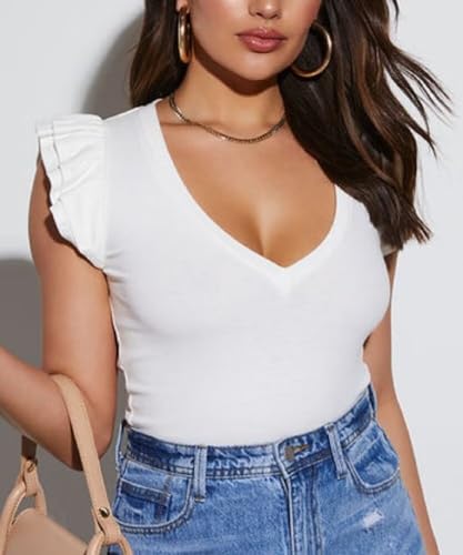 BONITEE Womens Summer Ribbed Tops Classy Ruffle Sleeve Slim Shirts Sexy Deep V Neck Tees Casual Knit Tshirts 2025 Dressy Blouse White,M