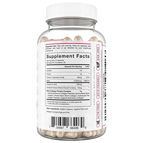 PUREFINITY Collagen Peptides for Women – Type I, II, III, V & X with Biotin & Hyaluronic Acid, Supports Healthy Skin, Bones, Hair & Nails – Non-GMO, Grass-Fed, 90 Capsules (1 Month Supply)