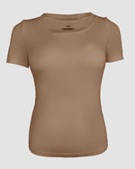 Load image into Gallery viewer, CHICME Women Built-in Bra T Shirt Top Short Sleeve Square Neck Basic Khaki Tees Casual Ribbed Knit Fitted Workout Going Out Tops-M
