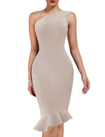 Load image into Gallery viewer, UONBOX Women's One Shoulder Sleeveless Bodycon Dress Midi Mermaid Party Bandage Dress Nude L
