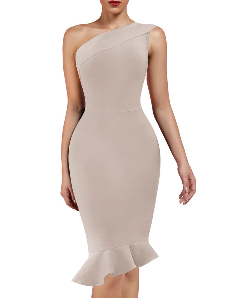UONBOX Women's One Shoulder Sleeveless Bodycon Dress Midi Mermaid Party Bandage Dress Nude L