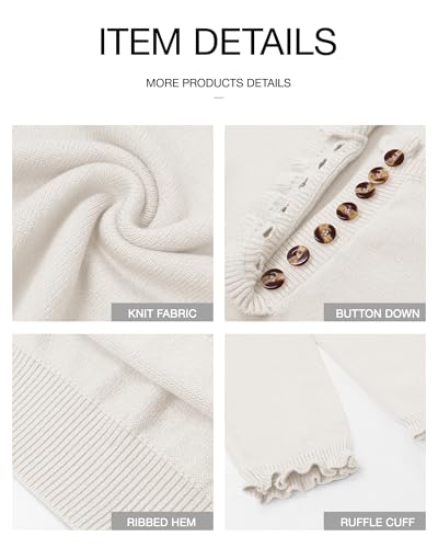 BTFBM Womens Sweaters Fall Winter Clothes 2025 Long Sleeve Button Down Ruffle Crew Neck Casual Knitted Pullover Tops(Solid White, Small)