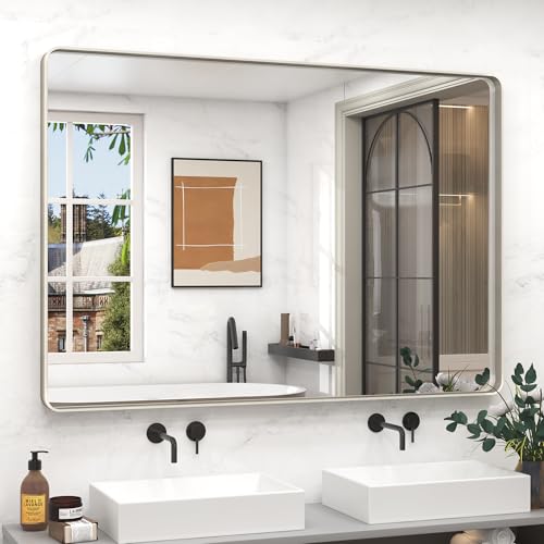 CHARMOR 48x36 Silver Bathroom Mirror, Brushed Silver Framed Bathroom Vanity Mirror, Modern Rectangle Mirror, Rounded Corners, Shatterprood, Anti-Rust (Horizontal/Vertical)